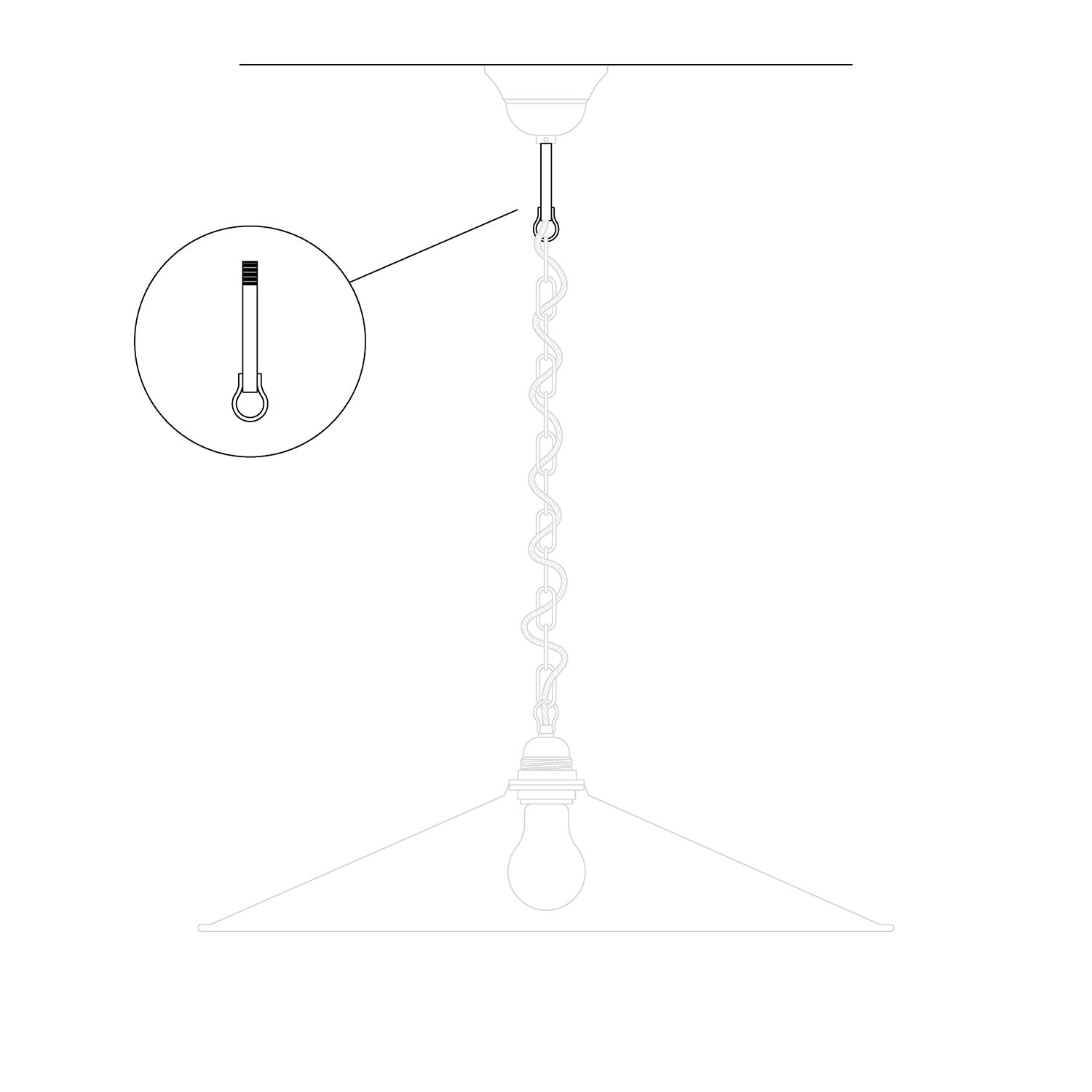 Pręt gwintowany z przyspawanym hakiem do żyrandoli na łańcuchu – długość 85 mm (M10x1)
