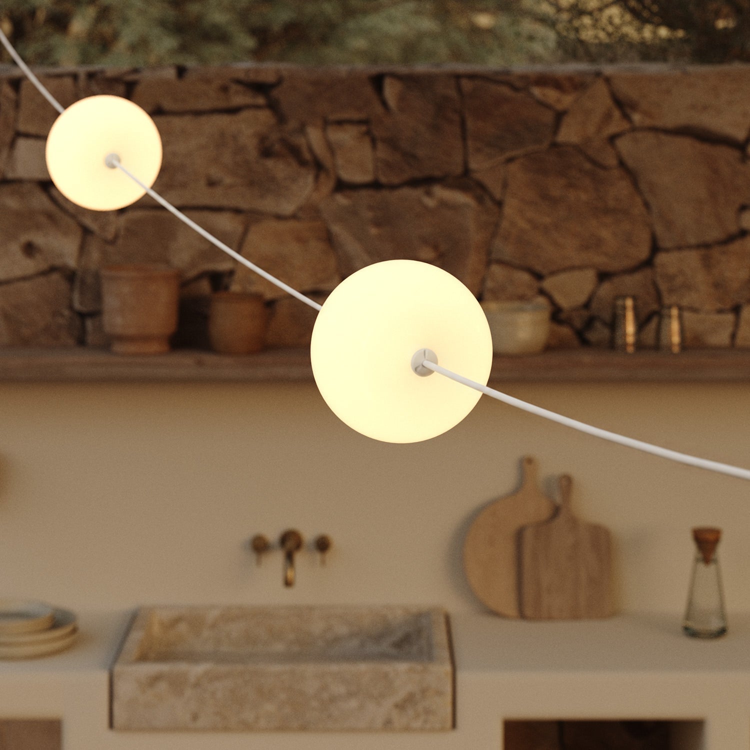 Catena luminosa 4 punti luce da esterno IP67 Bianco Sabbia - Marina4 Cherry 140 cm