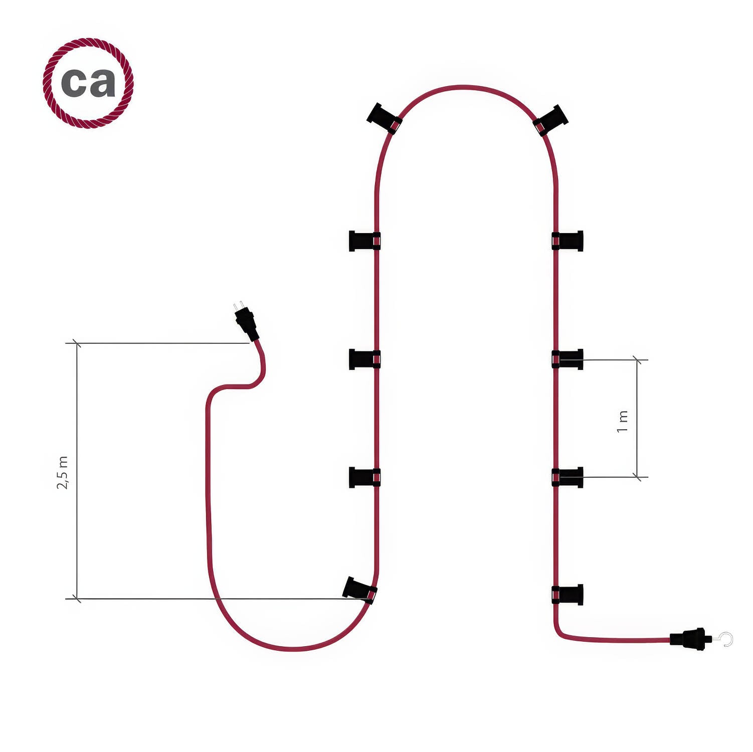 Catenaria Sistema Lumet da 12,5 m con cavo tessile CM27, 10 portalampada, gancio e spina bianchi