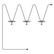 Catenaria Sistema Lumet 'Maioliche' da 10 m con cavo tessile, 3 portalampada e paralumi Bianco e Nero, gancio e spina nera