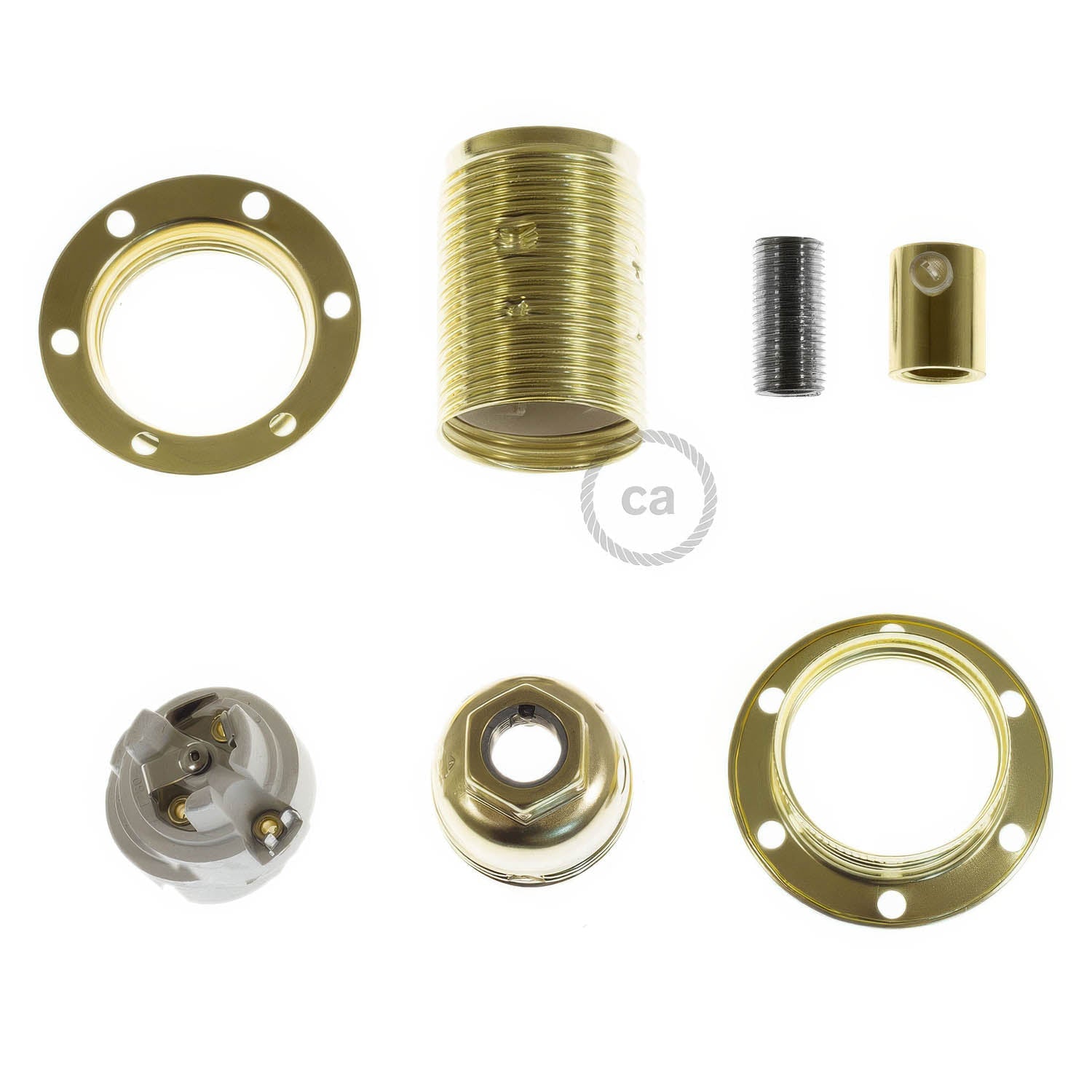 Kit portalampada E14 in metallo con doppia ghiera per paralume - Ottone Cilindrico