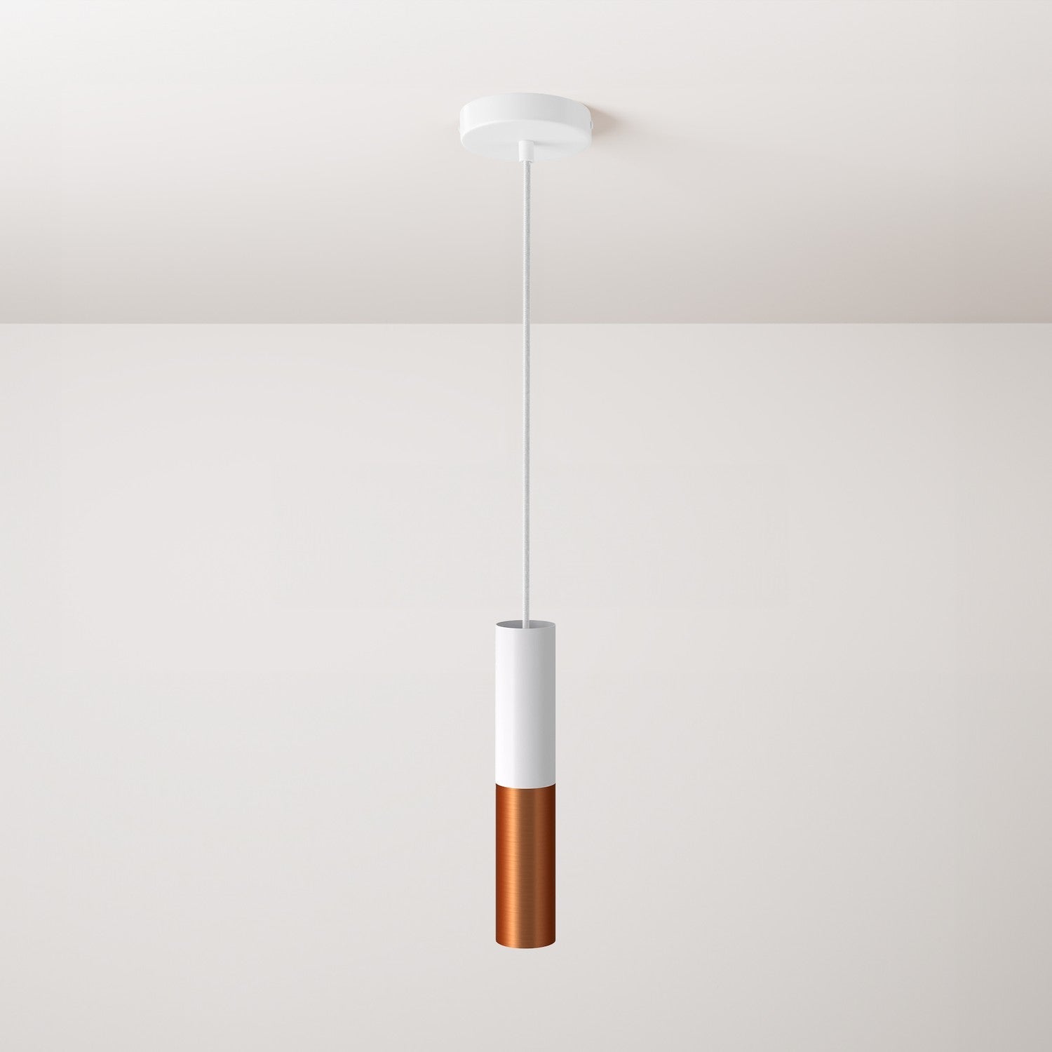 Lampada a sospensione completa di cavo tessile e doppio paralume Tub-E14 - Bianco opaco e Rame satinato
