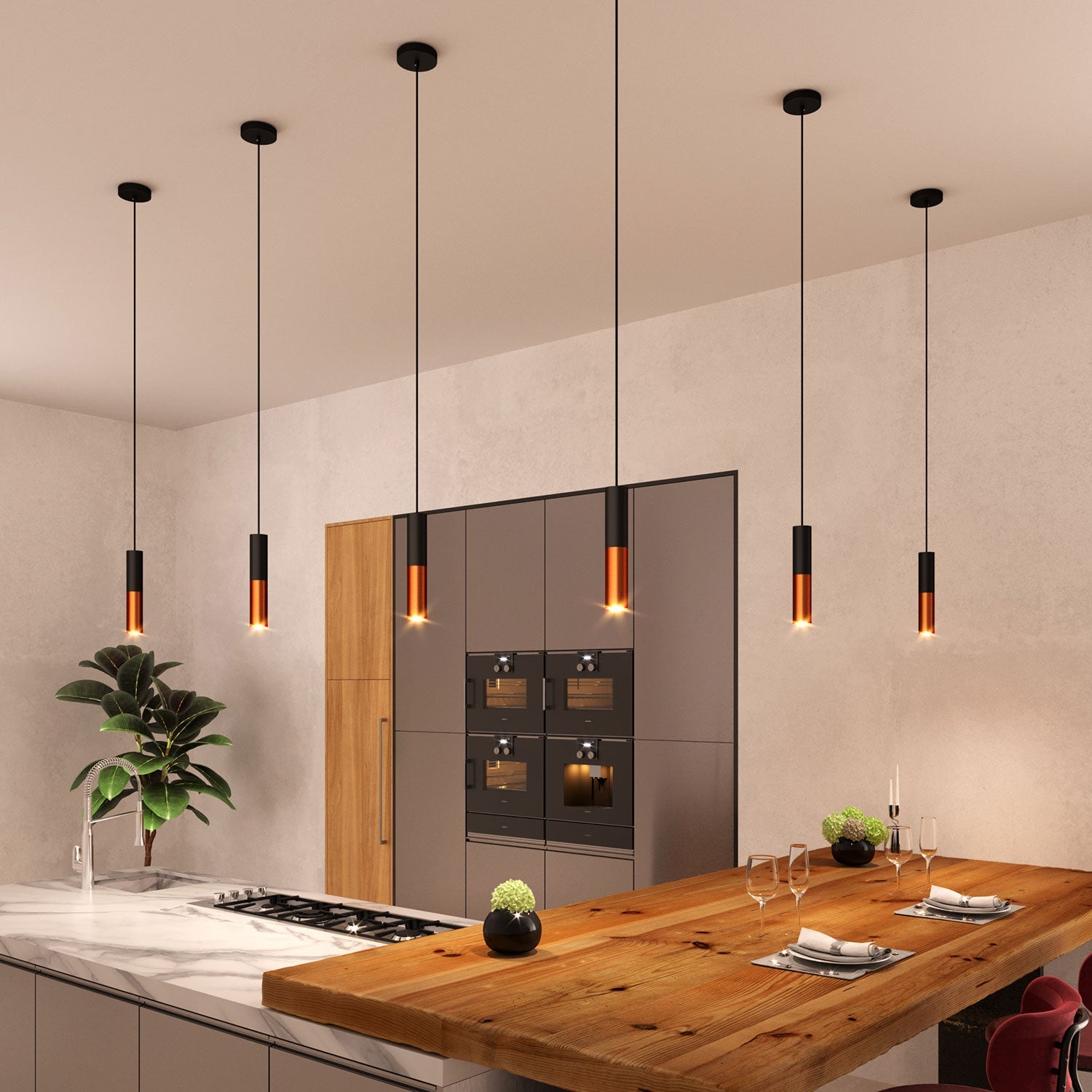 Lampada a sospensione completa di cavo tessile e doppio paralume Tub-E14 - Nero e Rame satinato