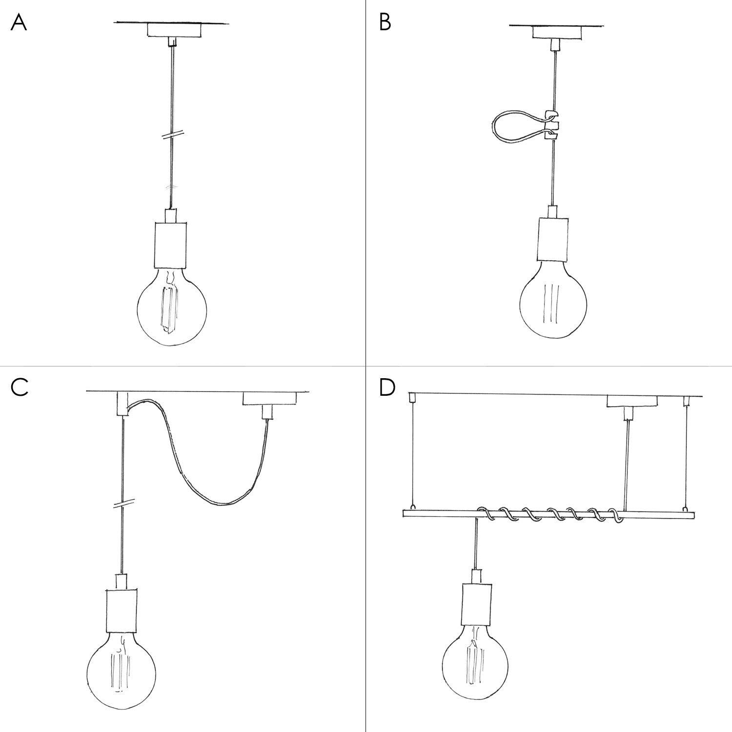 Lampada a sospensione completa di cavo tessile e finiture in metallo monocromatiche - Bianco