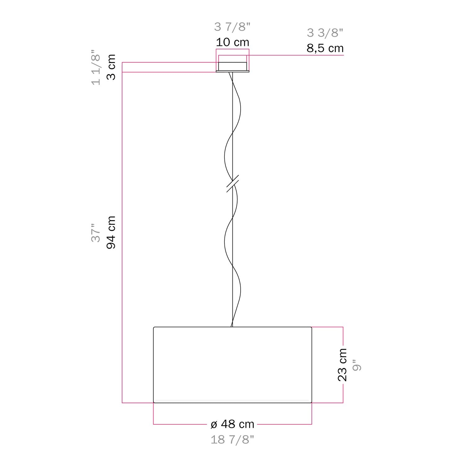 Lampada a sospensione con paralume in tessuto Cilindro Medium Teletta azzurro severo - Made in Italy Si