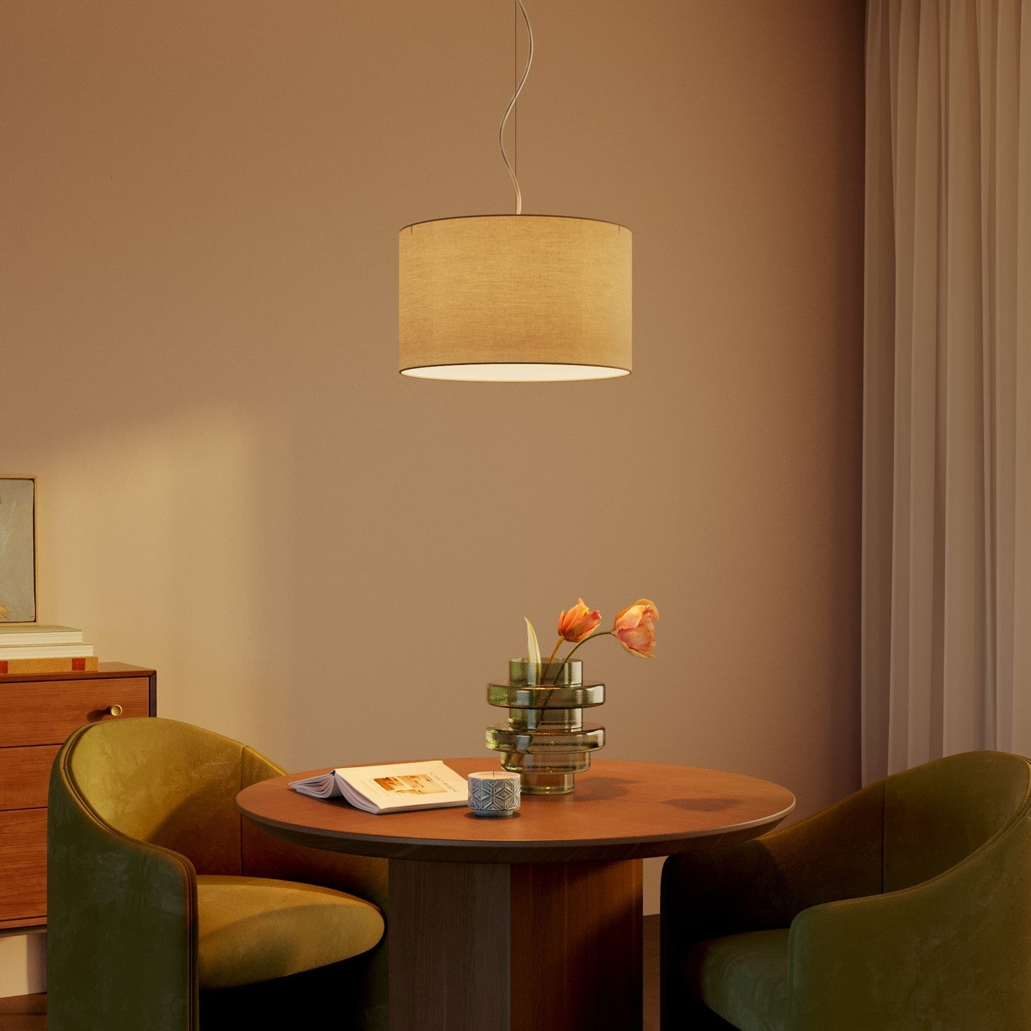 Lampada a sospensione con paralume in tessuto Cilindro Small Arenal tortora - Made in Italy No