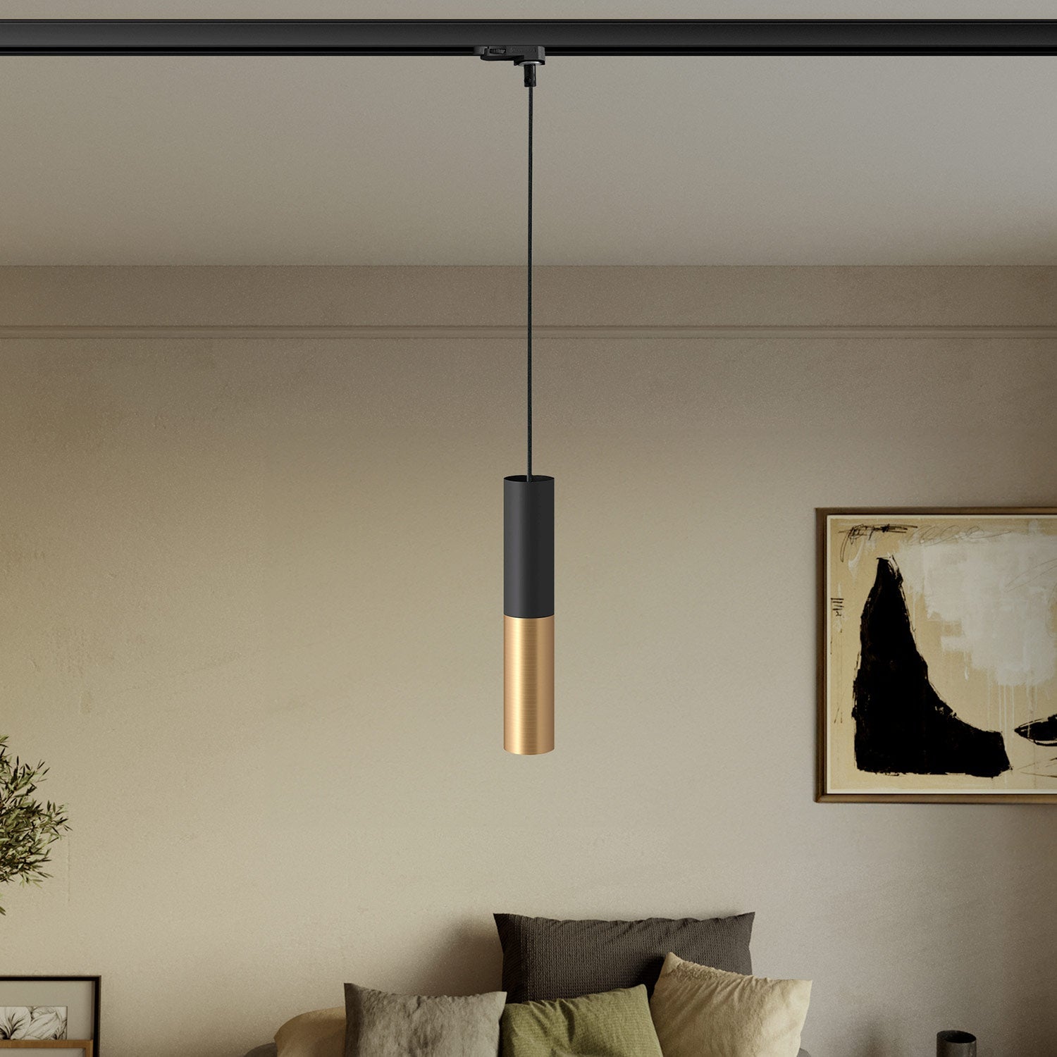 Lampada a sospensione per binari con doppio paralume Tub-E14 - Nero e Bronzo satinato