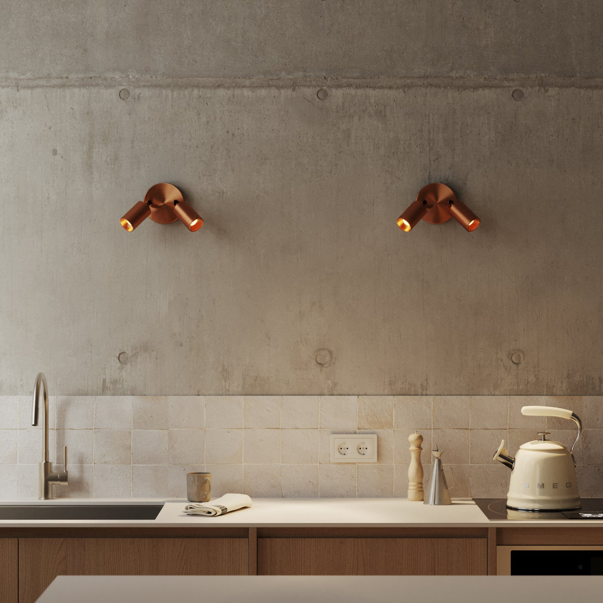 Lampada da parete o soffitto con 2 faretti GU10 Bispot orientabili - Rame satinato