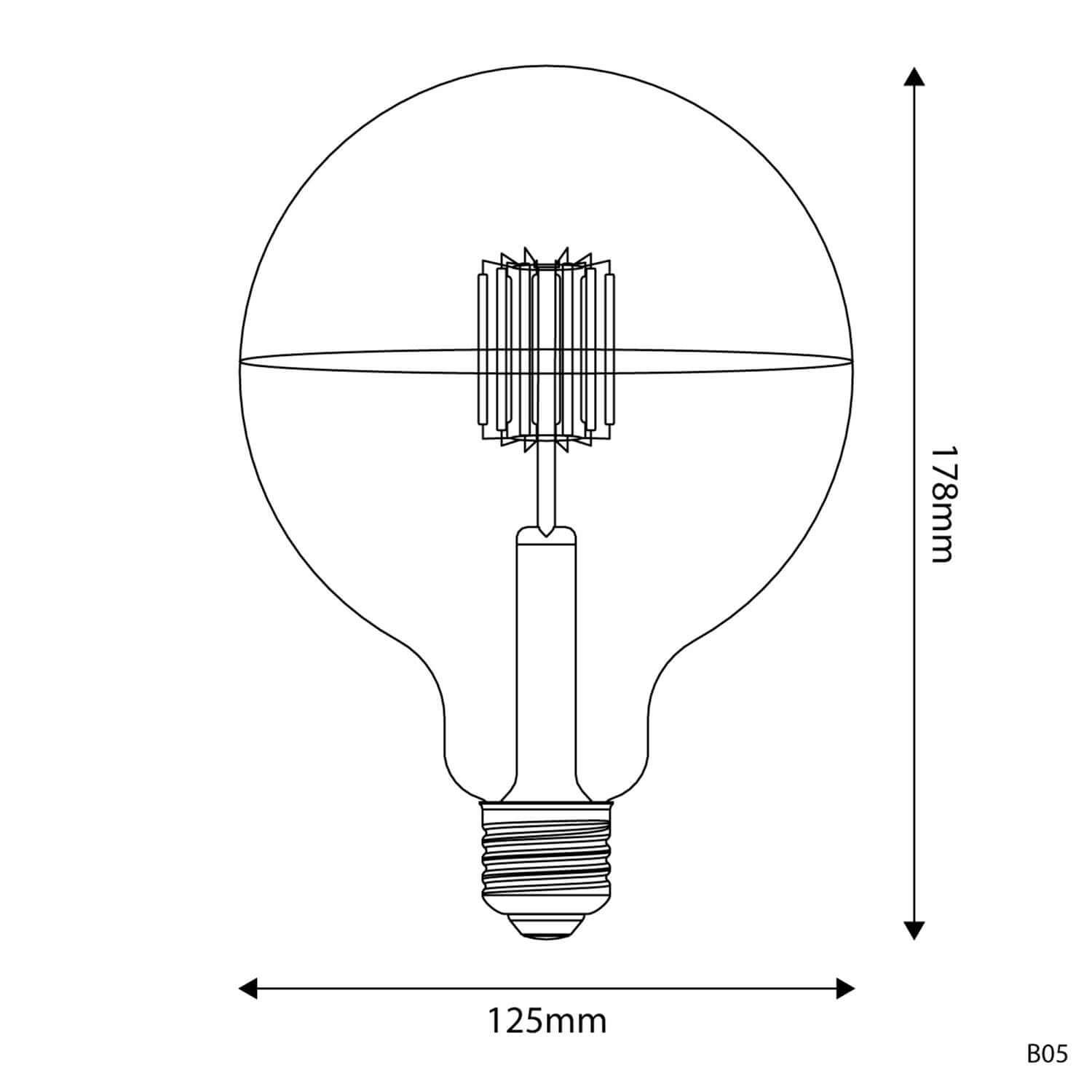 Lampadina LED mezza sfera argento B05 Linea 5V Filamento corto Globo G125 1,3W E27 Dimmerabile 2500K