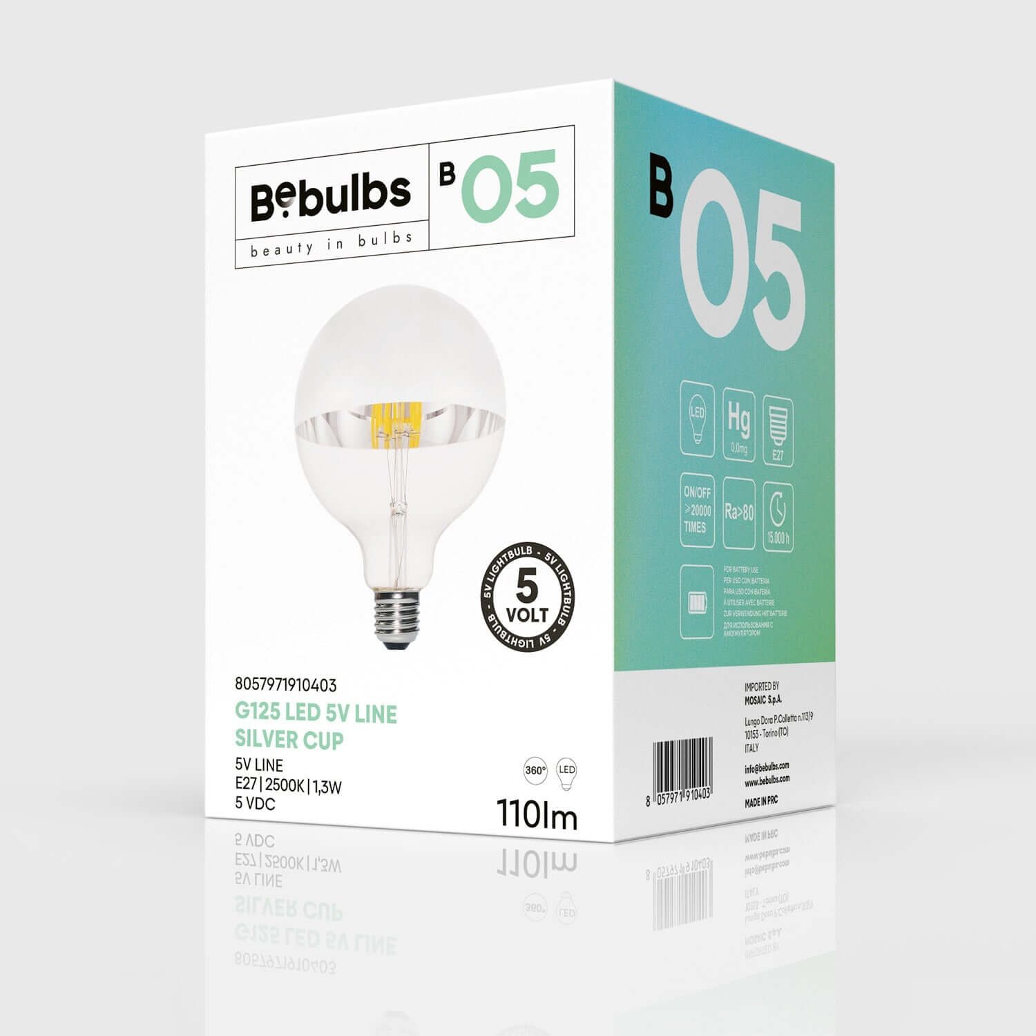 Lampadina LED mezza sfera argento B05 Linea 5V Filamento corto Globo G125 1,3W E27 Dimmerabile 2500K