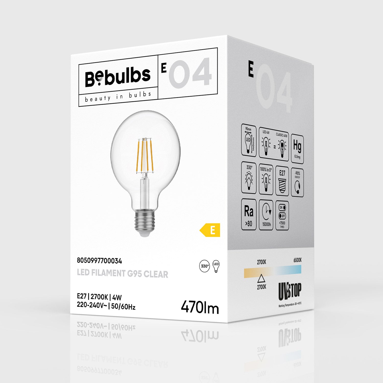 Lampadina LED Trasparente Globo G95 4W 470Lm E27 2700K - E04