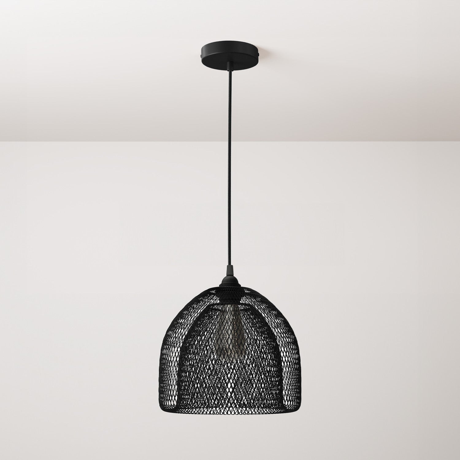 Pendant lamp with textile cable, Ghostbell XL cage lampshade and metal details - Black - Creative Cables