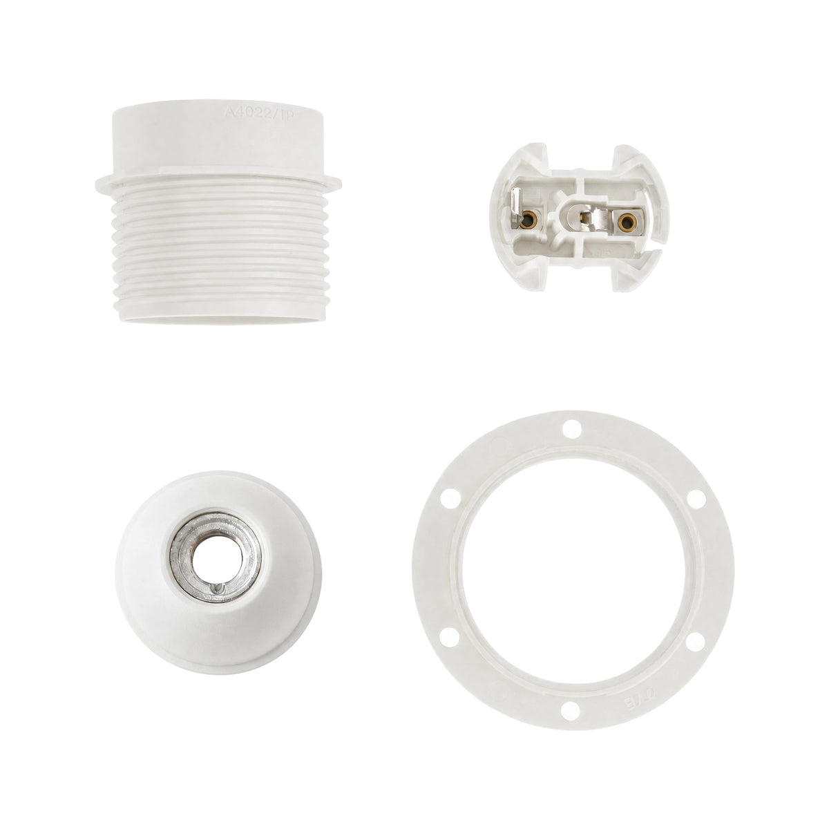 Portalampada E27 in termoplastica con camicia semifilettata, con terra e ghiera - Bianco