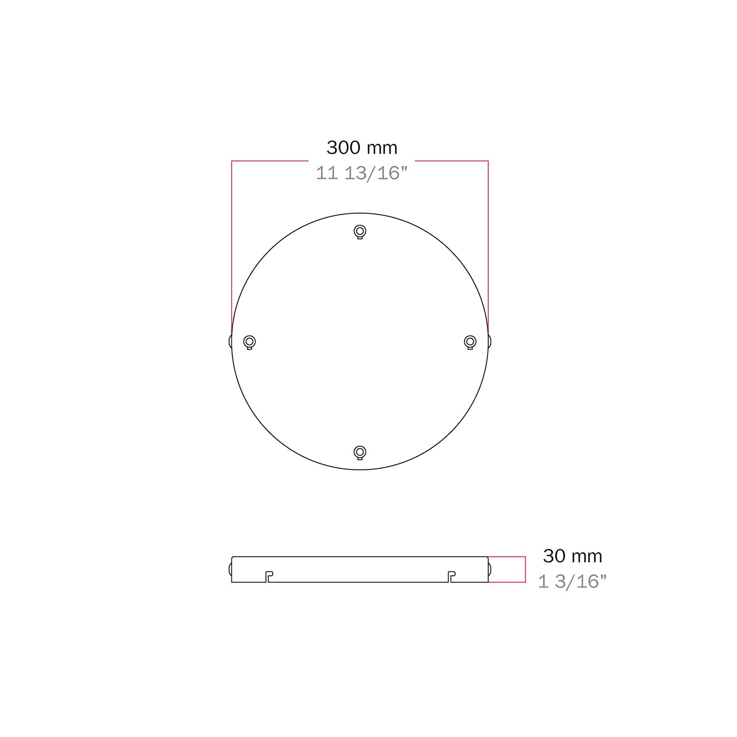 Rosone rotondo in alluminio Ø 30 cm con staffa e cavo di messa a terra, con 4 fori frontali - Bianco Opaco 2
