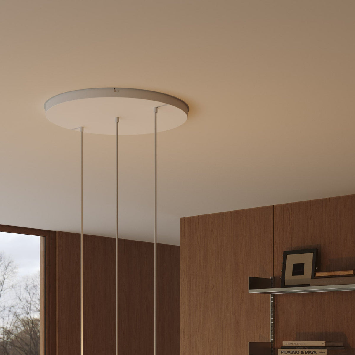Rosone rotondo in alluminio Ø 50 cm con staffa e cavo di messa a terra, con 3 fori in linea frontali - Bianco Opaco 0