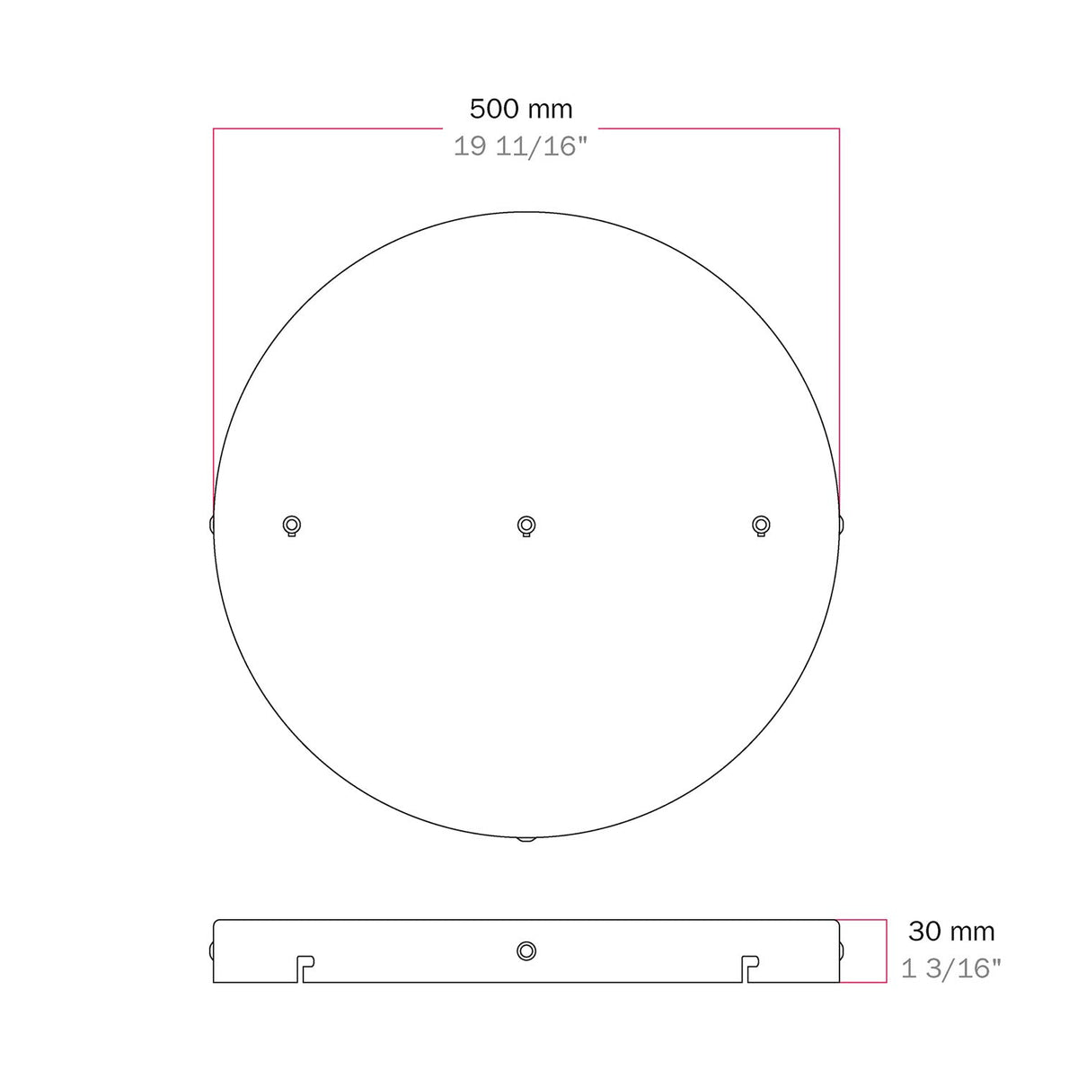 Rosone rotondo in alluminio Ø 50 cm con staffa e cavo di messa a terra, con 3 fori in linea frontali - Bianco Opaco 3