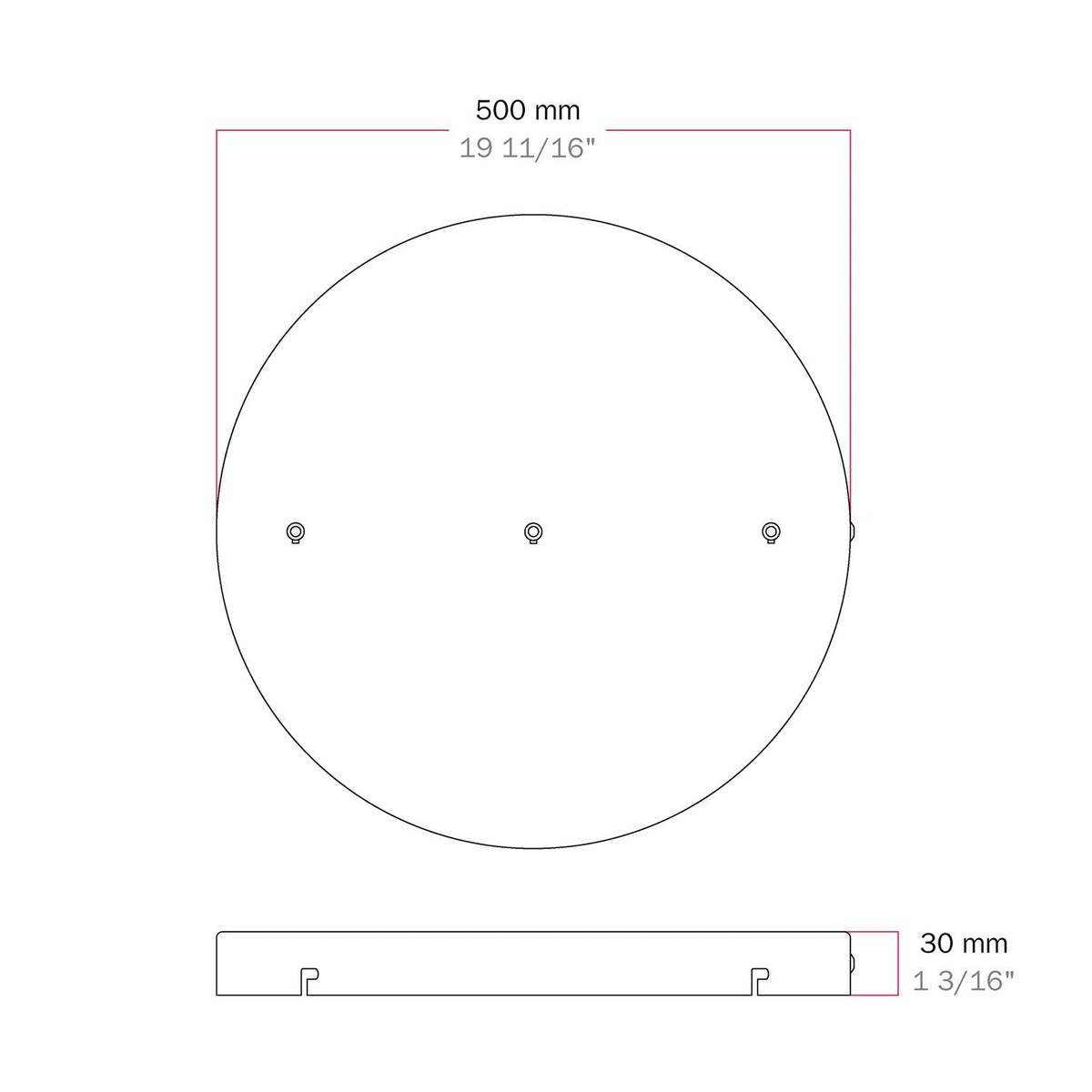 Rosone rotondo in alluminio Ø 50 cm con staffa e cavo di messa a terra, con 3 fori in linea frontali - Bianco Opaco 1